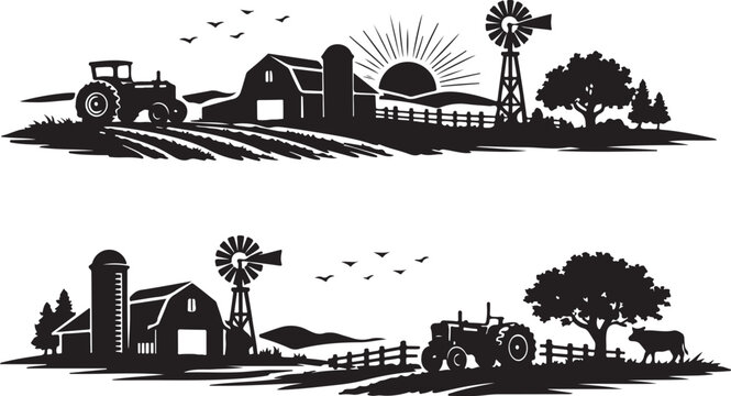  Vintage farm landscape rustic countryside farm scenes with tractor and barn set of silhouette vector.