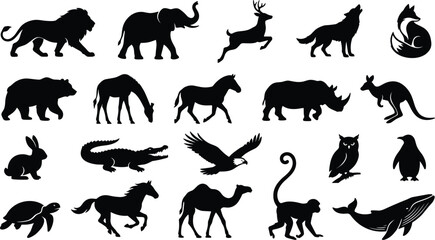 Obraz premium Wild Animal Silhouette Icon Collection Featuring African Safari Creatures Forest Wildlife Marine Life and Birds Vector Set for Nature and Kids Education Designs