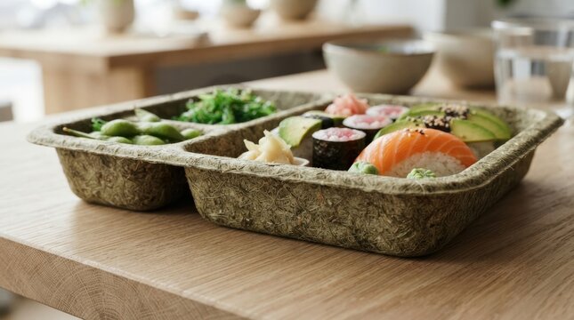 seaweed biodegradable food packaging Takeout tray with assorted sushi and green vegetables on a wooden table