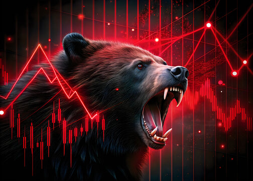 Bear with aggressive red stock market chart background