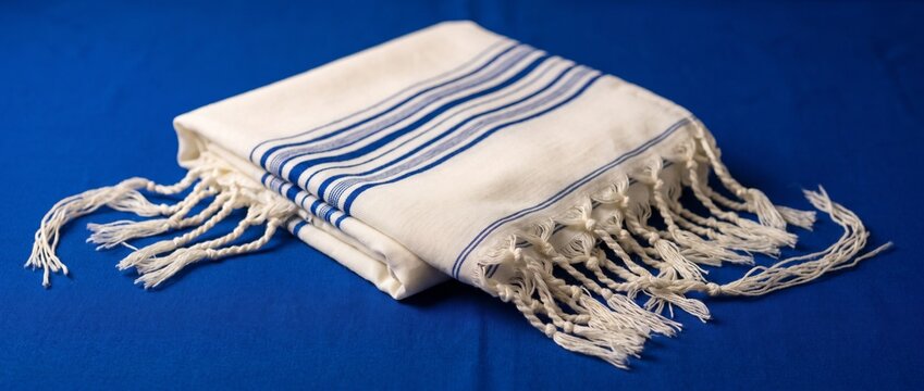 Jewish prayer shawl with blue stripes on a blue background  
