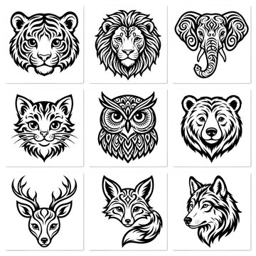 Black and White Cat and Wild Animal Vector Illustration Set, Feline Heads and Silhouettes for Tattoo, Logo, Tribal Design, Wildlife Art and Decorative Graphic Elements