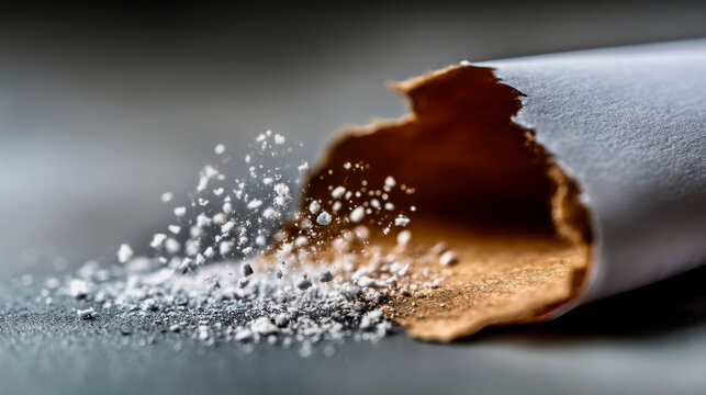 Close up of powder spilling from a torn paper envelope on a dark surface