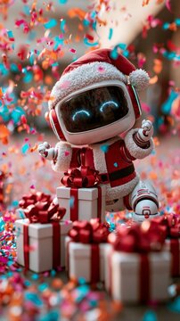 Cute robot in Santa outfit surrounded by colorful confetti and gift boxes, festive holiday scene.