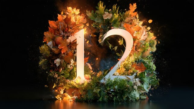 The artwork shows the number 12 in a circle of seasonal elements. It reflects the annual cycle and highlights the passing of months.