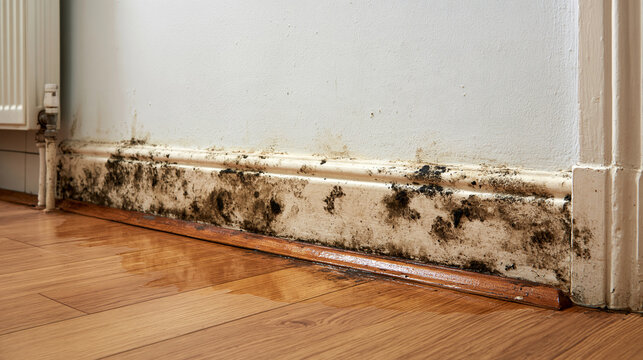 black mold and damp damage on interior wall near wooden floor, moisture problem, water damage, unhealthy home condition and property maintenance concept