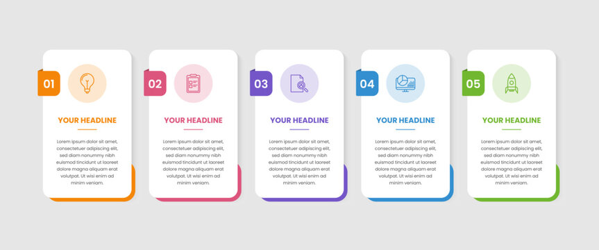 Modern business infographics template. Timeline infographic elements, process diagram, journey info graphic with 5 steps, for brochure, presentation, website.