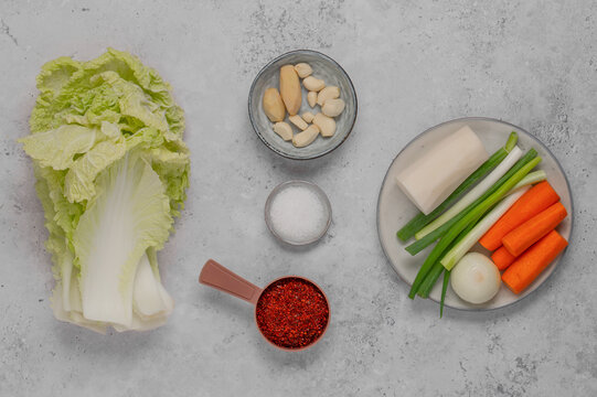 Korean fermentation vegetables and chili flakes for kimchi, top view