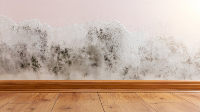 black mold and damp damage on interior wall near wooden floor, moisture problem, water damage, unhealthy home condition and property maintenance concept