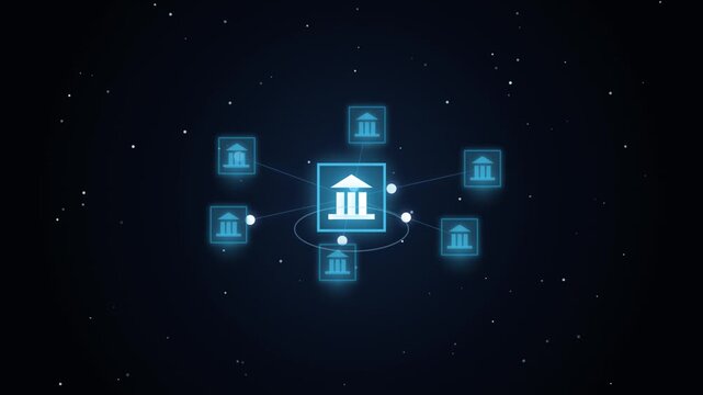 decentralized digital banking network showing glowing blue bank icons connected on dark starry space background vector illustration