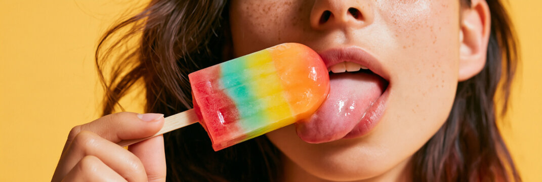 Junge Frau leckt an buntem Regenbogen-Eis am Stiel vor gelbem Hintergrund