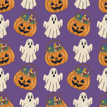 Halloween festive vector background, hand drawn seamless pattern with pumpkins, spider web and ghosts perfect for spooky season design.