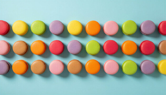 Colorful macaroons arranged in rows on light blue background
