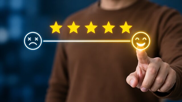 Man's hand points to a five-star rating with a happy face on a digital interface during a customer satisfaction survey