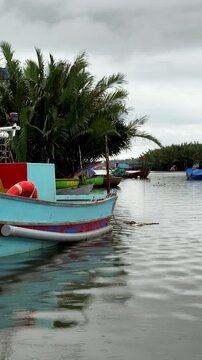 Hoi An, Da Nang, Vietnam - River Journey Through the Jungle on a Round Coconut Basket Boat, Brown River Waters, Traditional Vietnamese Hats, Overcast Rainy Weather, Authentic Round Boats, Exploring 
