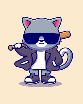 Cute Cat Holding Baseball Bat Cool Gangster Cartoon Video Animation Loop. Kitty Animal Character Concept Motion Graphic Stock Video