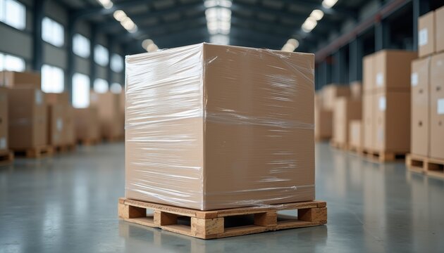 Wrapped cardboard box secured with plastic film sits on a wooden pallet in a bright industrial warehouse. Multiple packaged boxes are visible in the blurred background.