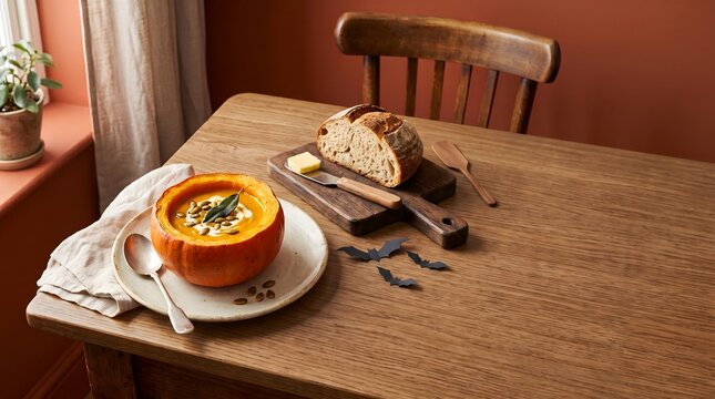 Halloween pumpkin soup served in a hollow pumpkin bowl with crusty bread and paper bats on a wooden table with copy space