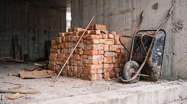 An old wheelbarrow and copper pipes rest beside a stack of terracotta bricks in an abandoned concrete industrial space. Dust and debris scatter across the floor of the deteriorating warehouse...