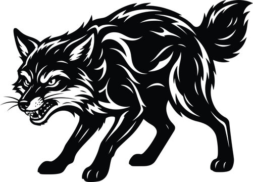 A striking black and white silhouette of a fierce snarling wolf in a dynamic predatory stance