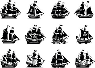 Pirate Ship Icon Set – Black Silhouette Sailing Vessel and Skull Flag Symbols Collection © Creative Studio