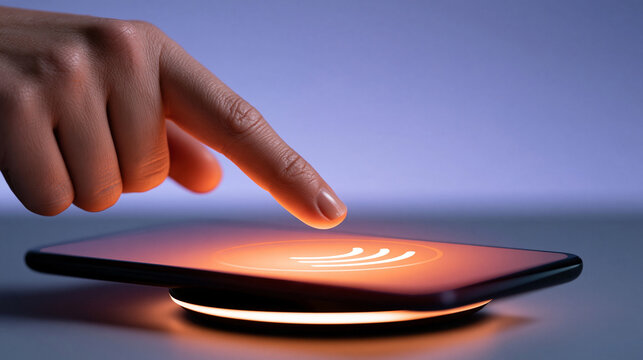 Businesswoman's hand tapping a phone against a contactless payment reader, soft lavender ambient light with orange interface glow, fintech minimalism, Copy Space