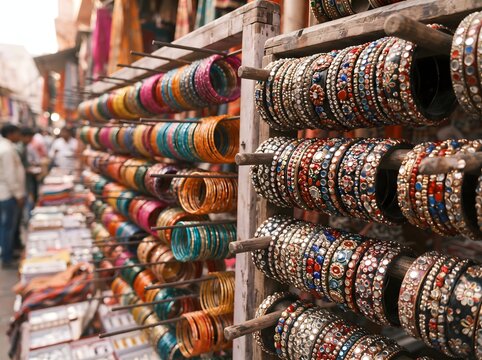 Ornate traditional bangles on display at a vibrant outdoor market