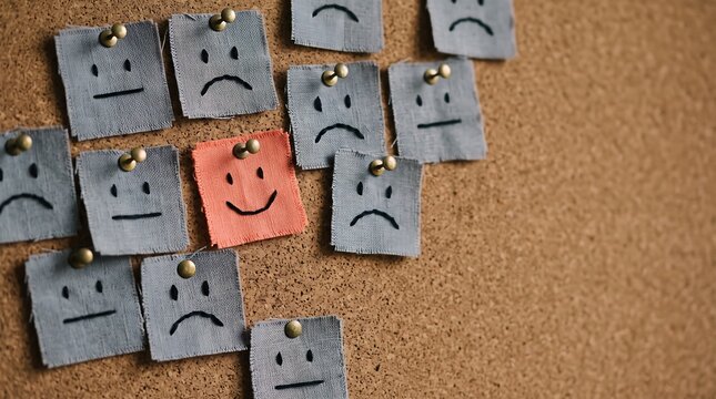 Single orange happy face among grey sad faces on a cork board