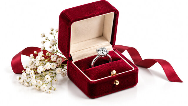Elegant diamond engagement ring in open red velvet box with flowers on white background.