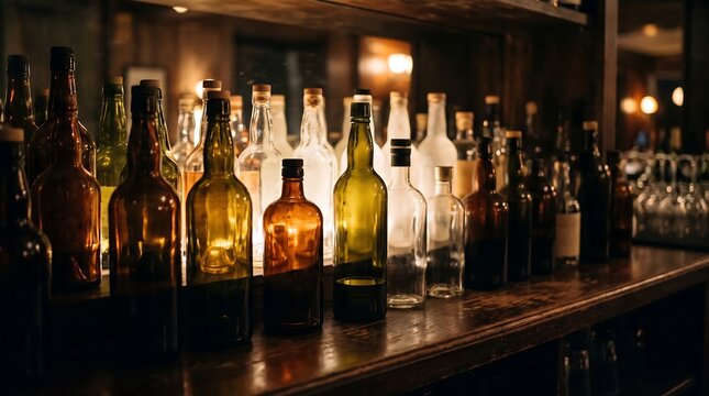 Empty glass bottles lined up on a wooden bar counter in a dim pub