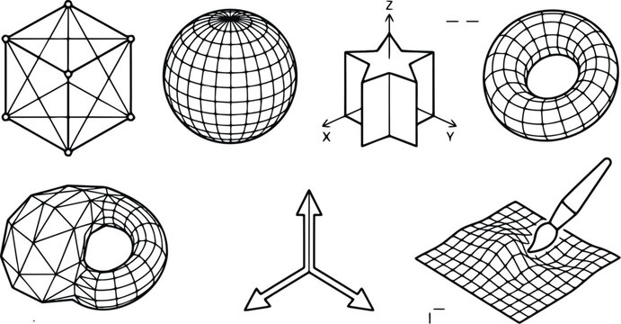 Advanced 3D geometry models and mathematical topology vector set featuring sphere torus and coordinate axes shapes