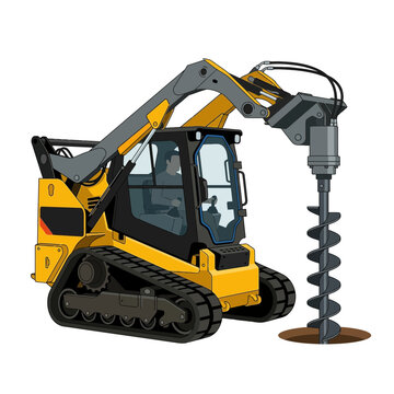 Skid Steer Loader with Auger Drilling Hole, Isolated on Transparent Background