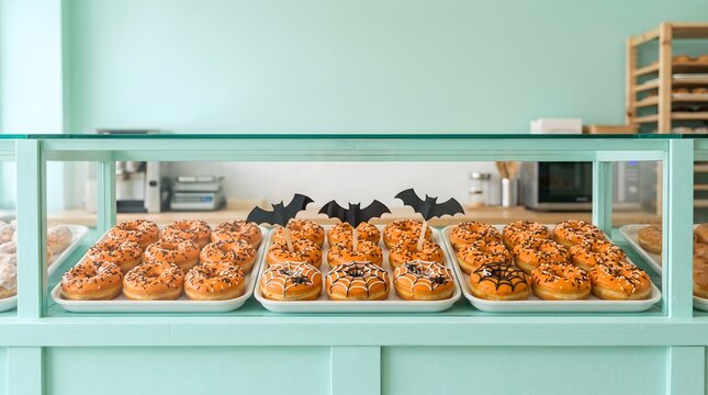 Halloween glazed donuts with spider web and bat decorations in mint bakery display case with copy space