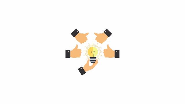Five hands thumbs up gestures glowing light bulb icon creativity concept suitable for design, innovation, teamwork, success, and motivation themes.