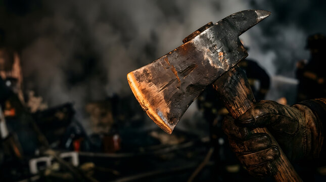 A firefighter in a gloved hand holds a soot-stained, heavy-duty emergency axe with glowing hot blade edges amidst a smoky disaster scene background, highlighting bravery, rescue and emergency service.