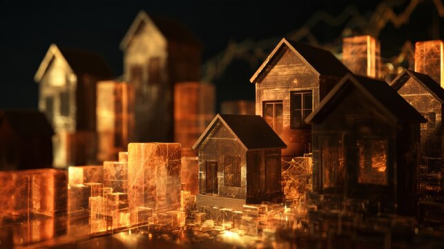 Concept art displays abstract representation of properties generating rental income and appreciating value, set in a dark space.