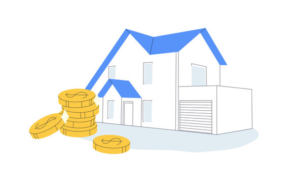 Real estate investment and property savings concept. House purchase, stacked coins, financial assets, home ownership, savings planning, property value and wealth accumulation flat vector illustration.