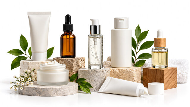 Natural skincare cosmetic products arranged on stone podiums isolated on a white background.