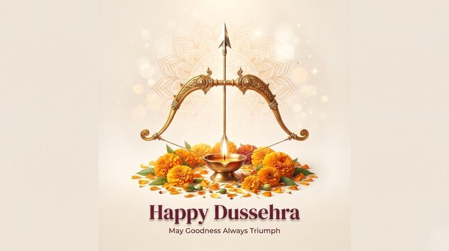 Happy Dussehra festival greeting card with ornate golden bow and arrow