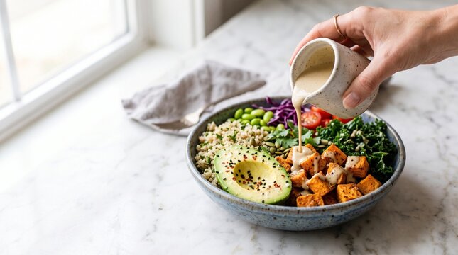 Hand pouring tahini dressing over fresh healthy vegan buddha bowl