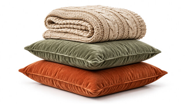 Stack of cozy velvet pillows and knitted wool blanket isolated on white background.