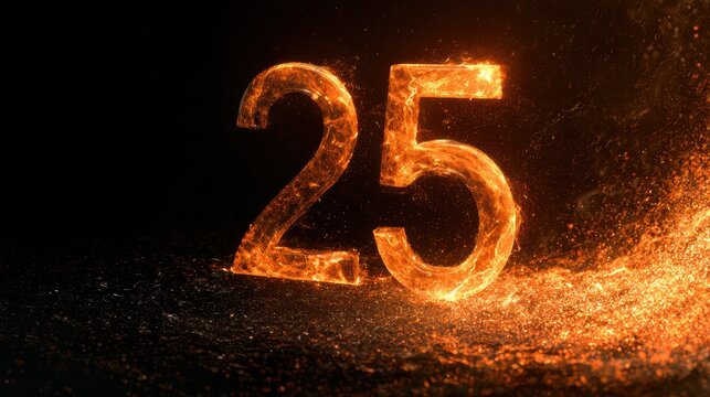 A glowing number 25 floats in dark space, surrounded by warm particles showing compound interest and financial freedom achieved.
