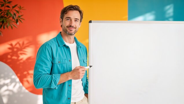 Smiling man standing next to a blank whiteboard holding a marker. Confident male teacher or business coach ready for presentation. Copy space for text