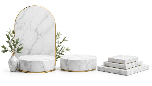 Elegant white marble podium display set with gold accents for product presentation on white background.