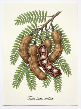 Vintage Botanical Illustration of Tamarindus Indica with Pods, Leaves, and Seeds on Textured Paper Background