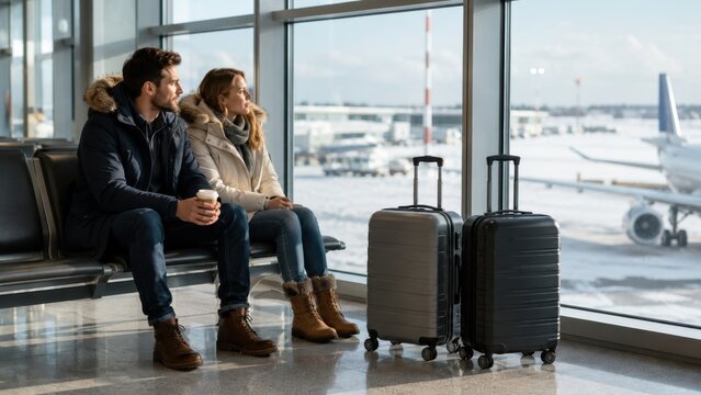 Couple with luggage waiting for winter flight in bright modern airport terminal