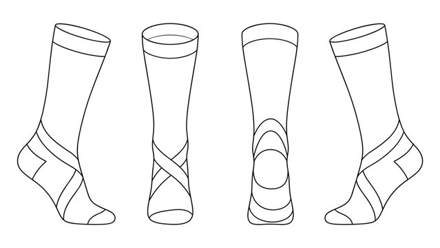 Ankle support compression sock tech pack template with cross strap design, flat sketch fashion illustration mock up cad drawing for athletic performance