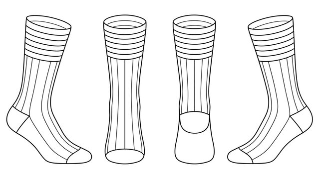 Multi-stripe crew sock tech pack template flat sketch fashion illustration mock up cad drawing for lifestyle apparel with horizontal pattern socks