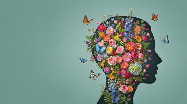 Human head silhouette filled with colorful butterflies representing thoughts and imagination