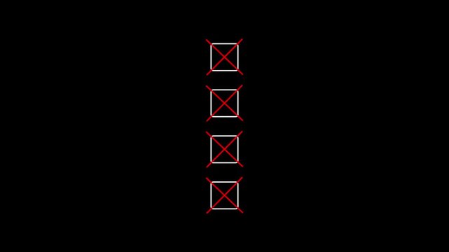 Four Bullet point multiple choice checklist presentation boxes with thin animated 4K suggesting rejection, evaluation animation.